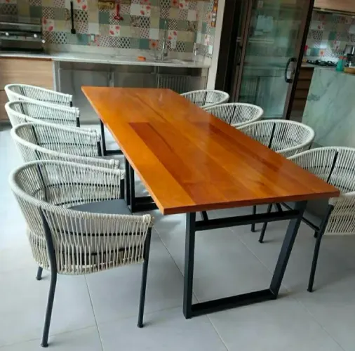 MESA DE MADEIRA P/ VARANDA - CJ COM 8 CADEIRAS