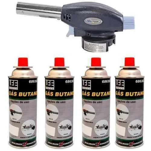 Kit Maçarico Portátil Com Controle Manual + 4 Latas De Gás