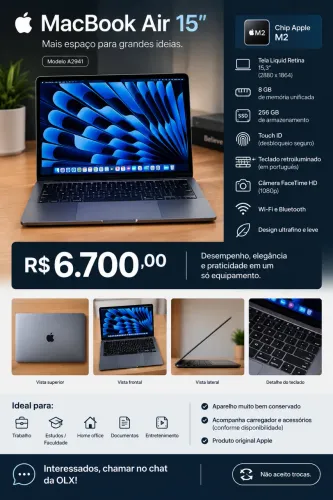 MacBook Air 15? M2 | 8GB RAM | 256GB SSD | Impecável