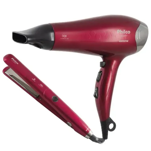 Kit Secador + Prancha Cherry Tourmaline Íon Philco