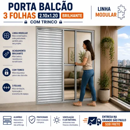 Porta Balcão Alumínio 3 Folhas 2,10x1,20 Linha Modular