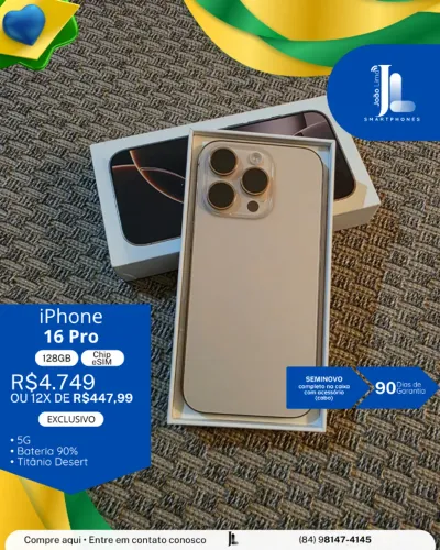 IPHONE 16 PRO, 5G, 128GB, CHIP ESIM, TITÂNIO DESERT, SEMINOVO , EXCLUSIVO!