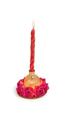 *Castiçal Luxo Rosas Pink e Divino Espírito Santo com Vela Vermelha*