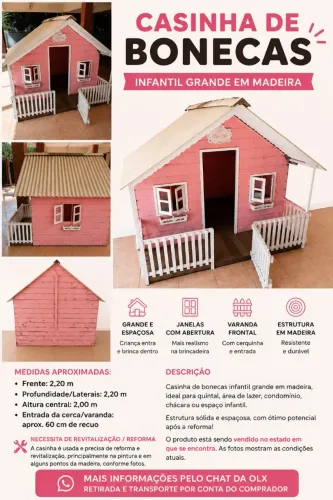 CASINHA DE BONECAS INFANTIL GRANDE EM MADEIRA - 2,20 x 2,20 m
