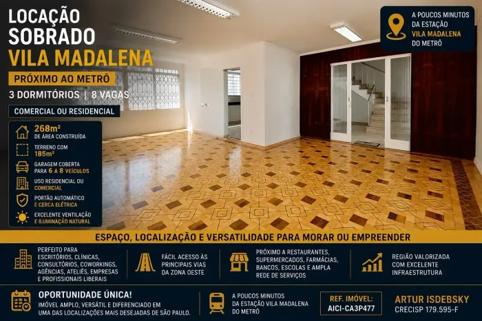 Locação Sobrado Vila Madalena Próximo ao Metrô 3 Dormitórios 8 Vagas Comercial ou Residenc