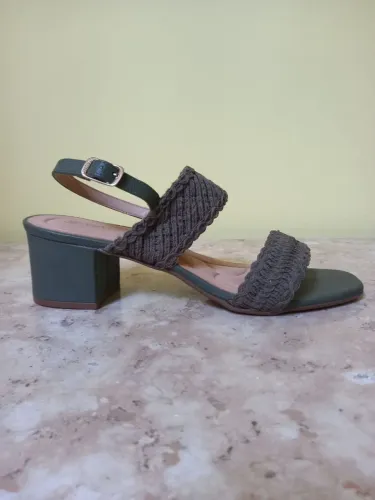 Sandália Salto Bloco 5cm - Trama Verde Militar (Valentina)