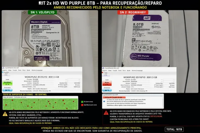 KIT 2 HDs WD Purple 8TB (16TB) - Recuperação/Reparo