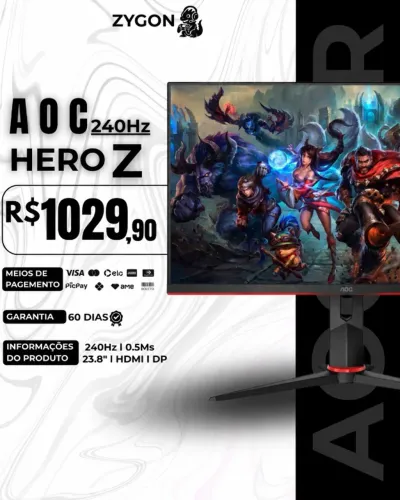 [S/ NOVO] Monitor Gamer AOC Hero Z 24" 240Hz 0.5ms - 60 Dias Garantia