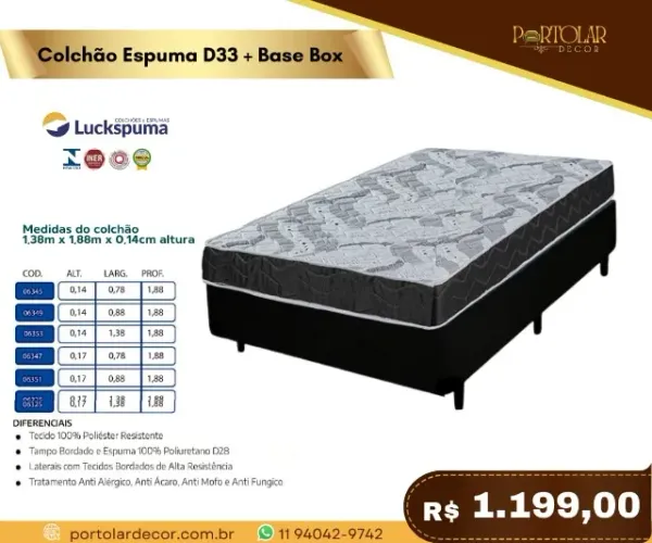 Colchão espuma D33+ base baú, a pronta entrega 