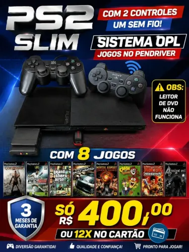 ps2 slim com 2 controles um e sem fio