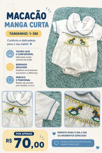 Macacão com Manga, bordado delicado