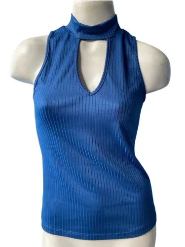 Blusa Feminina Canelada Azul Gola Alta com Decote Gota, Tamanho P (Nova)