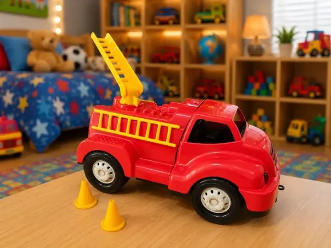 Brinquedo carrinho grande de bombeiro, com escadinha lateral, e 2 cones