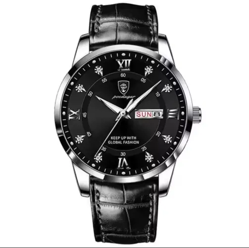 Relógio de Pulso Premium Lindo Poedagar 836 Silver Black Luxo Acessível Pulseira Couro