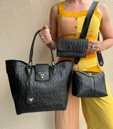 Bolsa Prada Kit 3 Peças - Fechamento Zíper e Botão | Acompanha Bolsa transversal e Carteir