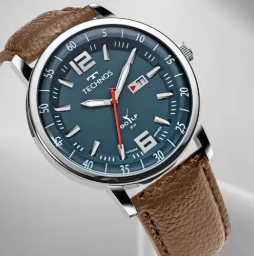 Relógio Technos Masculino Golf Prata Azul Couro Marrom Quartzo 50m