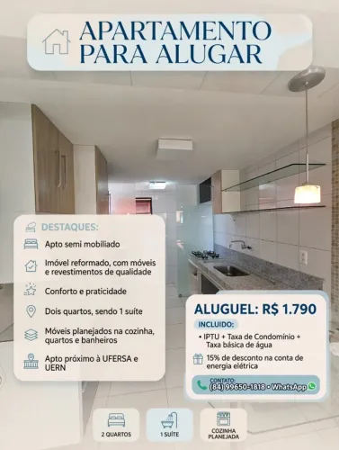 APTO 2 QUARTOS (1 SUÍTE) SEMI MOBILIADO PARA ALUGAR - PRÓXIMO À UFERSA/UERN