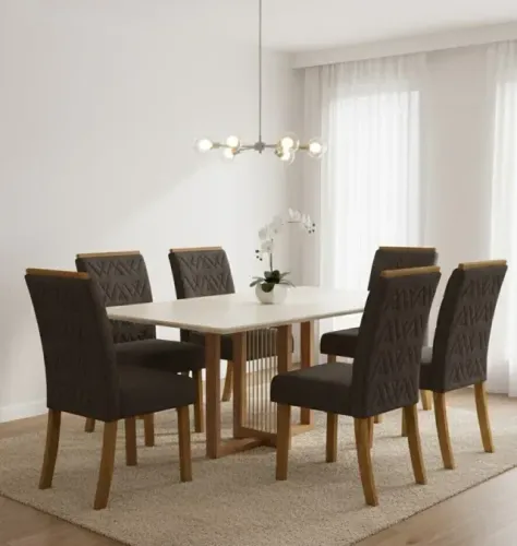 Conjunto Mesa Natalí 160cm Nature/Off White Com 6 Cadeira Arizona Nature/Marrom Expresso