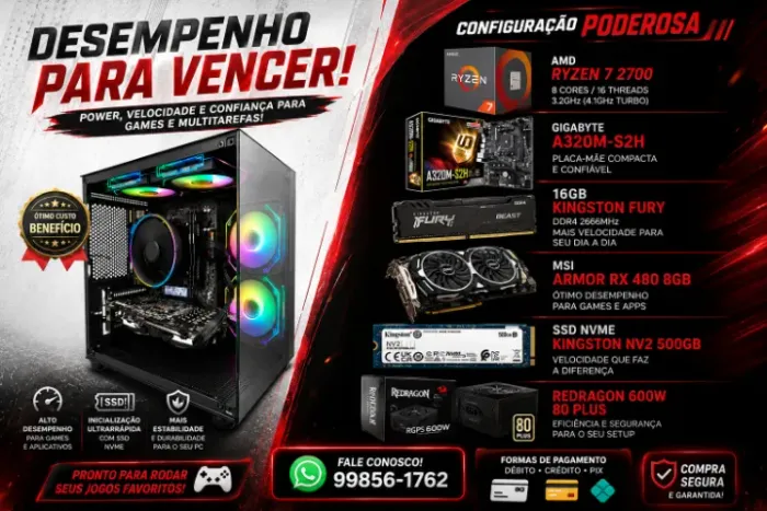PC Gamer Ryzen 7 2700 RX 480 8GB - Completo - Até 12 X 256,00 Sem Acréscimo !!!