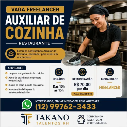 Auxiliar de Cozinha Freelancer | R$ 70 + VT | Das 10h às 15h