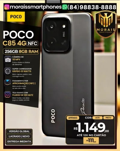 COM NFC Xiaomi Poco C85 256GB | 8GB RAM - Lilás, Black - GARANTIA 03 MESES |