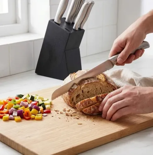 Jogo de Facas 6 Peças em Aço Inox com Suporte Cepo de Madeira Preto