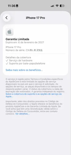 iPhone 17 Pro 256GB G. Apple até 6 de fev.