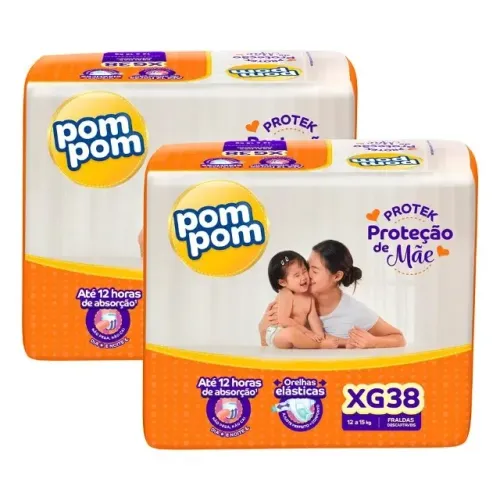 Kit 2 Fraldas PomPom Protek Proteção de Mãe XG c/cintura elástica -76 Unidades (TOTAL)