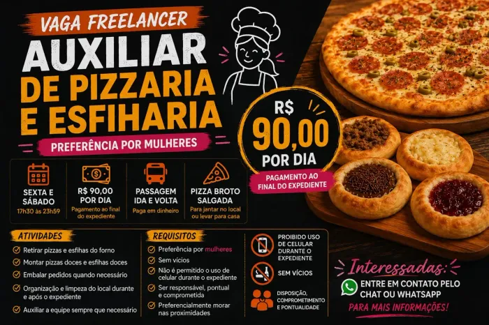Vaga Freelancer - Auxiliar de Pizzaria e Esfiharia (Preferência por Candidatas)