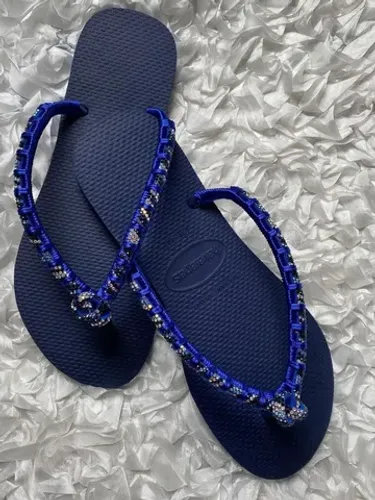 (Novo) Chinelo Havaianas Personalizado Azul Marinho com brilhos 39/40<br>