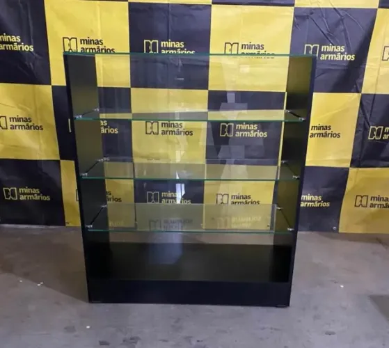 Balcão para loja Mdf preto prateleiras vidro