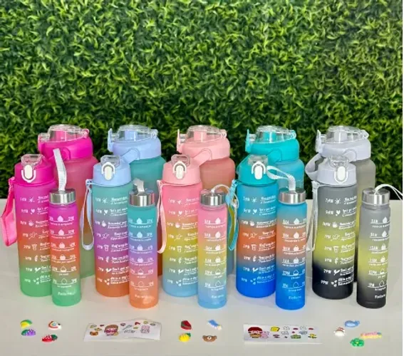 Kit Garrafa Motivacional Água Alça Adesivo 3d 1l 2l Squeeze