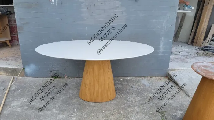 Fabrica Mesa madeira oval com tampo Branco Primer 160 x 090