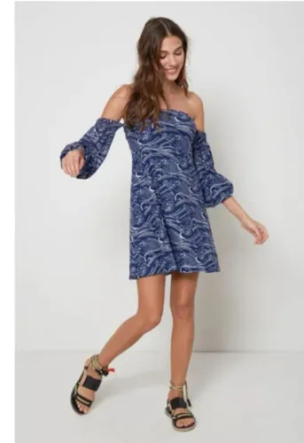 Vestido ombro ciganinha Oh Boy azul marinho e branco