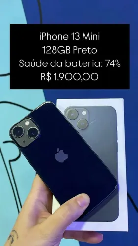 iPhone 13 Mini / 128Gb / Preto / saúde de bateria: 74% / loja fisica / $1.999,00