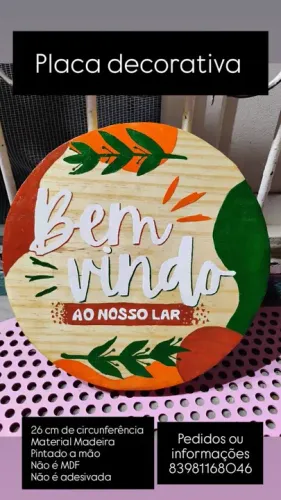 Placa Decorativa Bem-Vindo - Madeira Pintada
