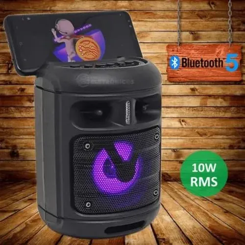 Caixa de Som 10W RMS FM Bluetooth Pendrive Cartão Micro SD Hi-Fi LEDs Coloridos D3137