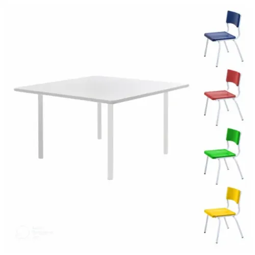Conjunto Infantil Quadrado com 4 Cadeiras Coloridas Tampo Branco 2 a 6 Anos Modelo 41095