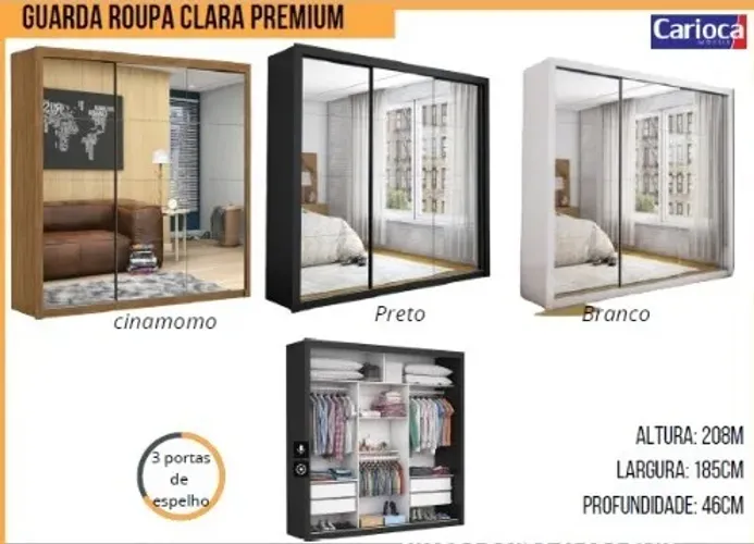 Guarda-Roupa Clara Premium 3 Portas de Espelho R$1249,90-Entrega em 24H paga na Entrega
