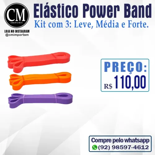 Power Band Elástico (Kit com 3: Leve, Médio e Forte)