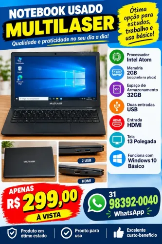 Multilaser Notebook Intel atom memoria 2gb casa loja informática computador escritório