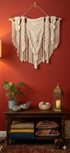 Painel em Macramê estilo boho artesanal cru 85x85cm