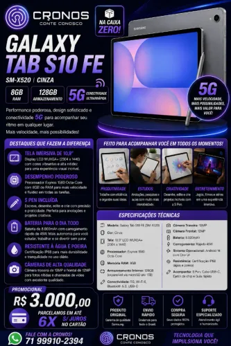 Tablet Galaxy Tab S10 FE 5G 128GB 8GB RAM Novo Lacrado Cinza