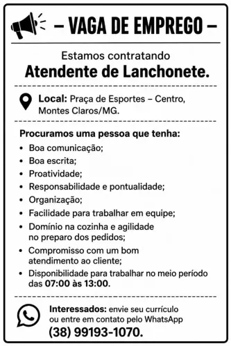 Vaga de trabalho para Atendente de lanchonete