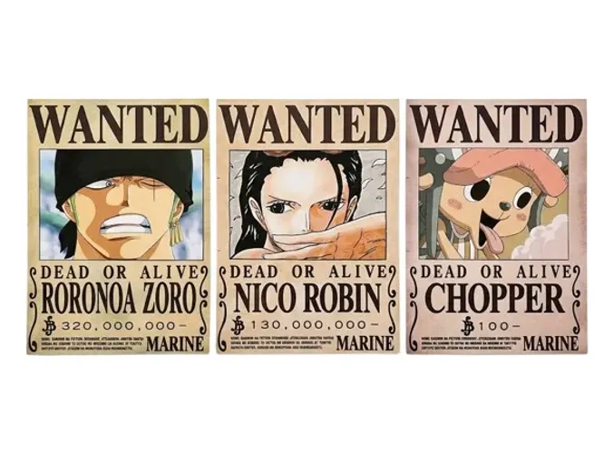 Kit 3 Quadros Decorativos One Piece - Cartazes Wanted (Zoro, Chopper, Robin)
