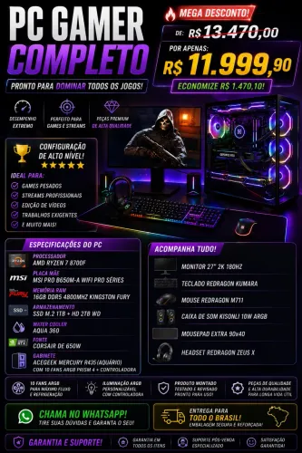 ? **PC GAMER COMPLETO RYZEN 7 + RTX 4060 | MONITOR 2K 180HZ + KIT RGB**