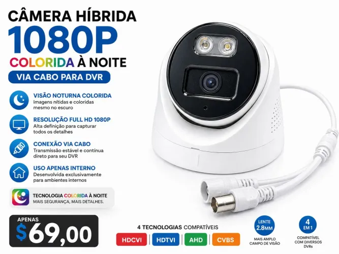 Câmera de segurança Full HD 1080P 2 MegaPixel 2.8mm Colorida a Noite