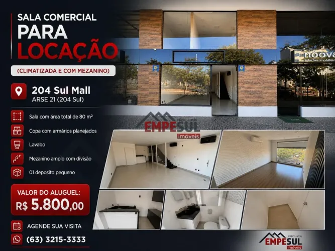 Sala comercial climatizada para locação no 204 Sul Mall - ARSE 21, Palmas, TO