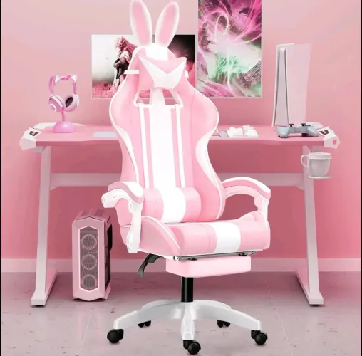 Cadeira Gamer Python Fly Lilás Rosa com Orelhinhas de Coelho Reclinável