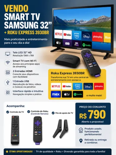 Tv 32 polegadas Samsung + aparelho smart Tv (roku)